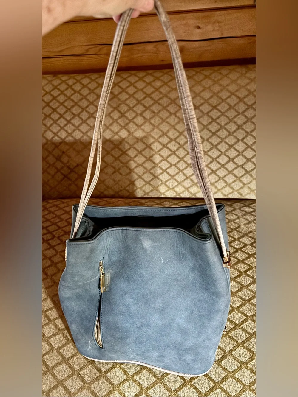 Samoe Convertible Strap Bucket Hobo Small Bag in Slate Blue Premium Faux Leather